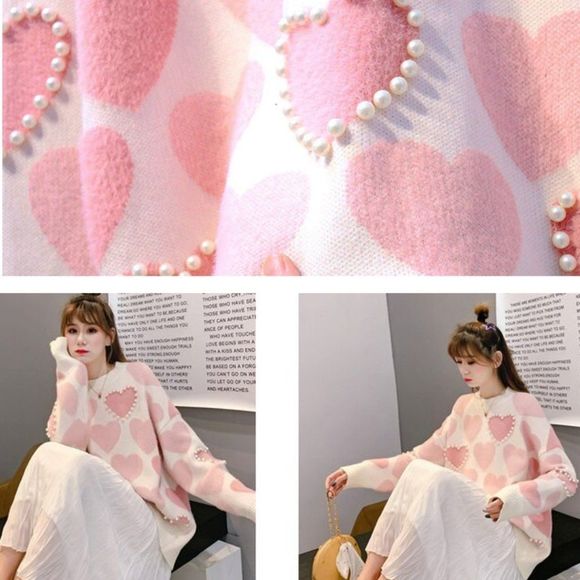 Pearl Beaded Heart Knit Turtleneck Sweater Pullover Women Top - Picture 8 of 10